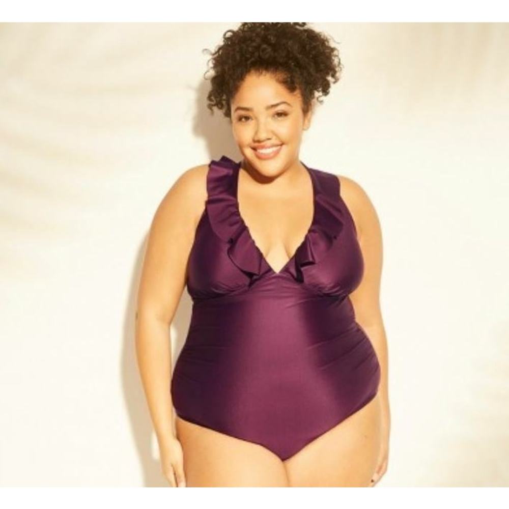 Kona Sol Burgundy Plum Ruffled Ruched One Piece Swimsuit Bathing Suit Size 22W